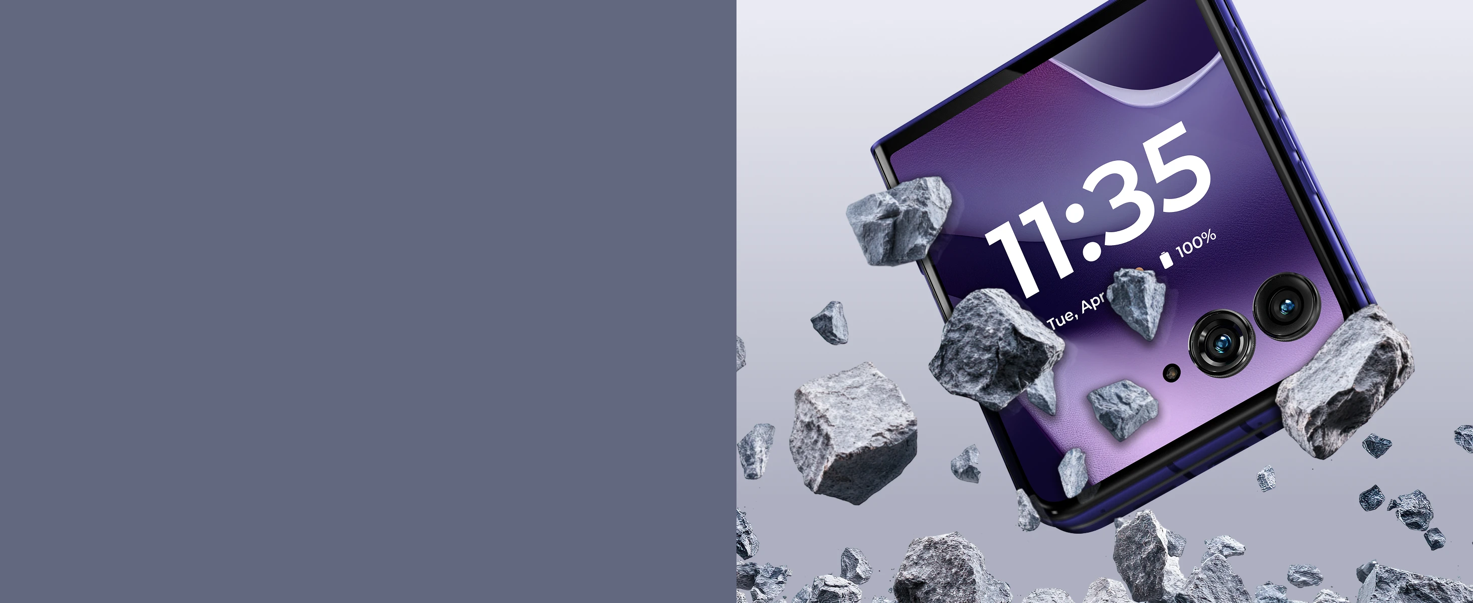 A foldable smartphone with purple accents shows time, date, and battery at 100%, surrounded by floating rocks against a purple gradient background.