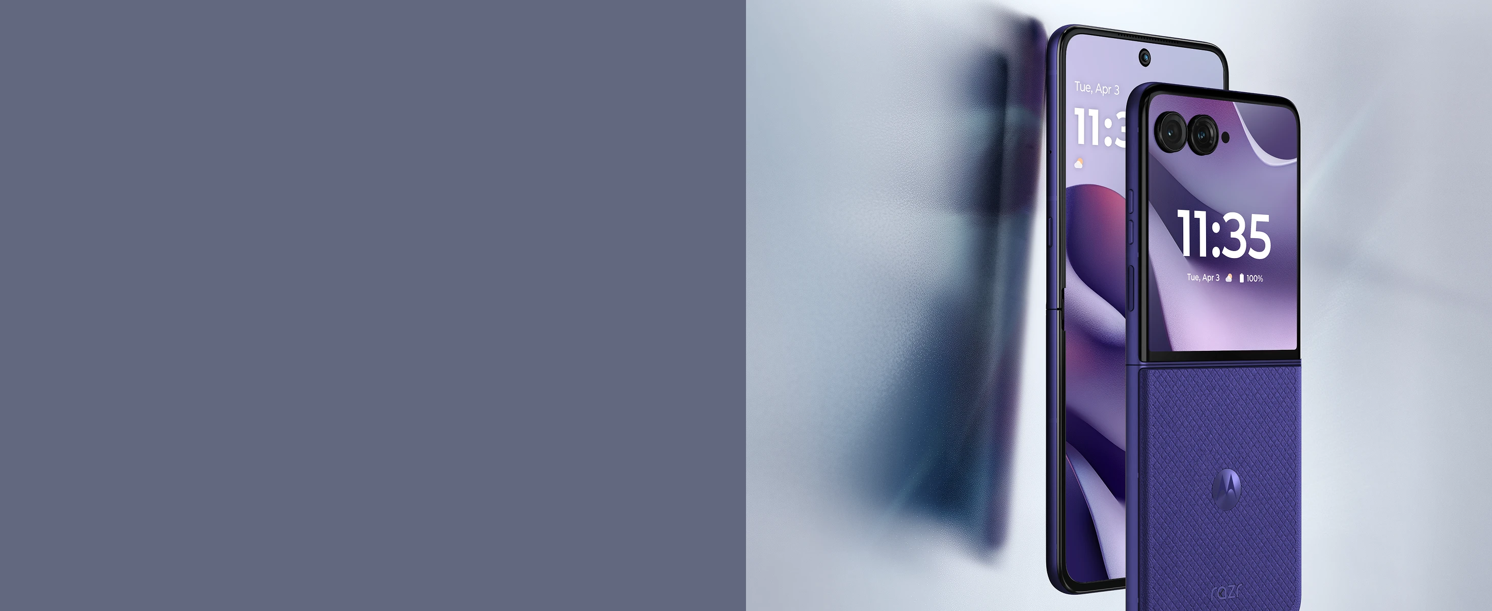 A purple Motorola Razr foldable smartphone is shown both partially folded and unfolded, displaying the time 11:35 and date Tuesday, April 3 on its vibrant purple-themed screen.