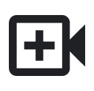 A dark grey icon depicting a video camera