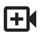A dark grey icon depicting a video camera