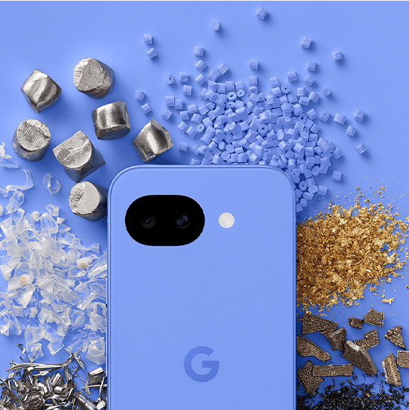 Google Pixel 10a Lavender on background of metallic fragments and textures.