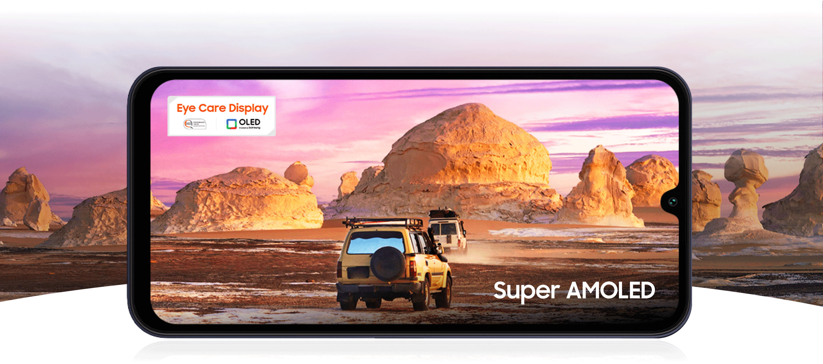 Super AMOLED display with a background of a jeep in rocky mountains