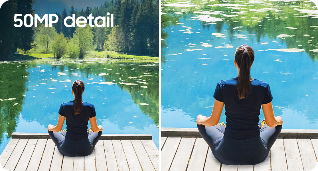 2 photos of woman sitting on the edge of platform in front of a river with the left photo showcasing the quality of the 50MP detail.