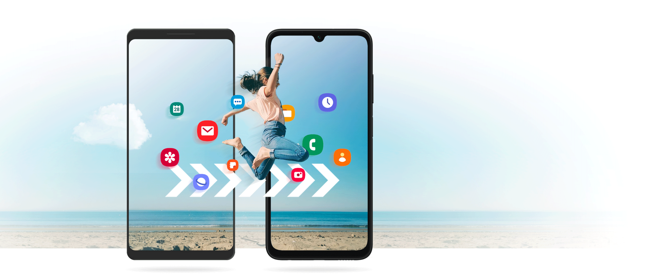 Two mobile phones with illustrated icons and a woman jumping from screen to screen to illustrate moving your contents from one device to another.