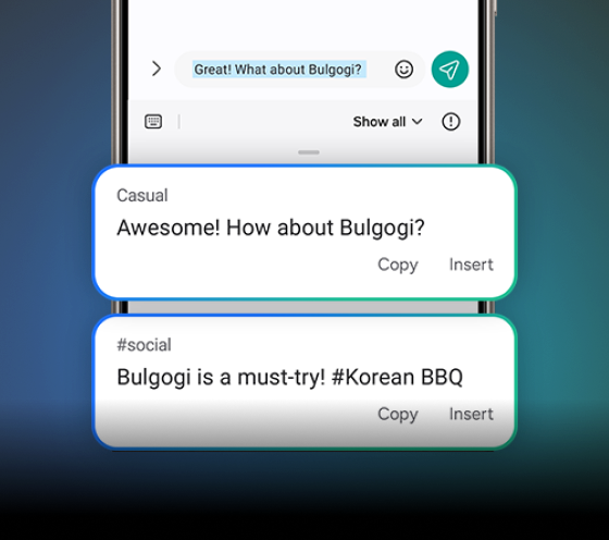 A screenshot of a chat app showing different text suggestions in different tones of voice, one casual and one social.