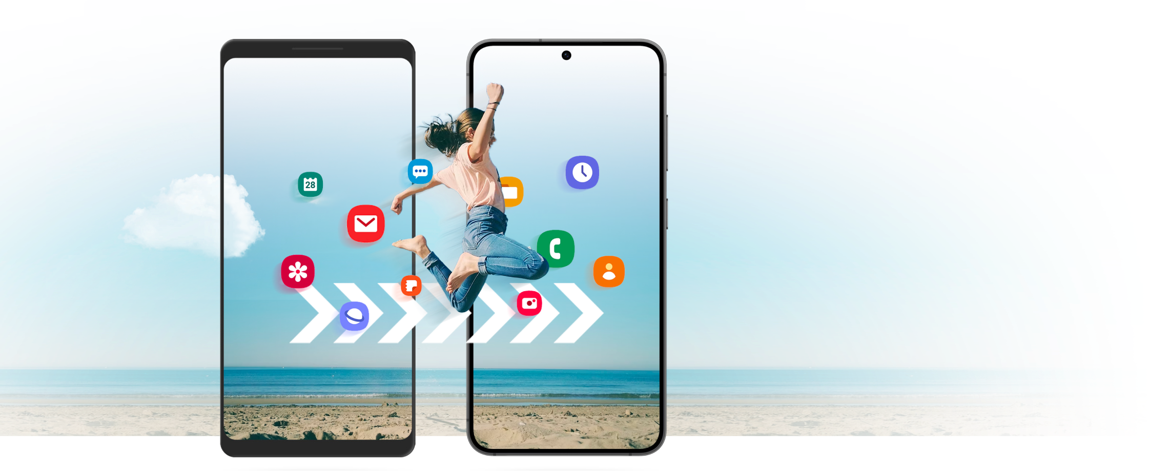 Two mobile phones with illustrated icons and a woman jumping from screen to screen to illustrate moving your contents from one device to another.