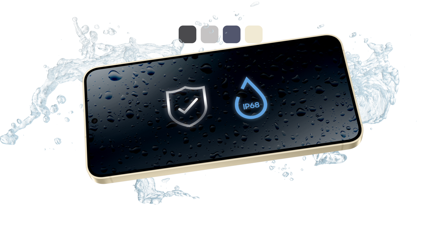 Image of Samsung Galaxy device with guard & IP68 icon on it's screen with a watery background showcasing it's durability.