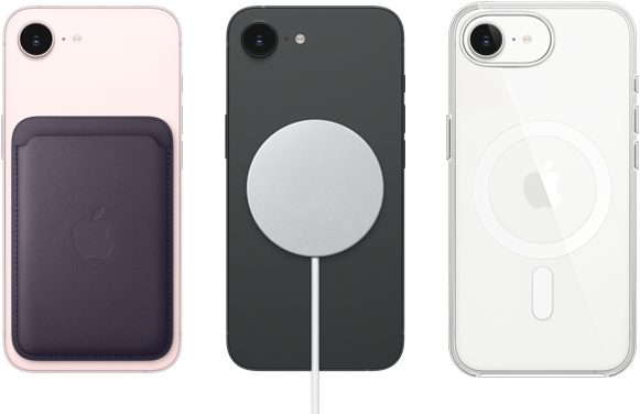 iPhone 17e, back exterior, soft pink colour, FineWoven Wallet with MagSafe attached, iPhone 17e, back exterior, black colour, MagSafe Charger attached, iPhone 17e, back exterior, white colour, Clear Case with MagSafe attached
