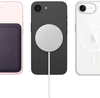 iPhone 17e, back exterior, soft pink colour, FineWoven Wallet with MagSafe attached, iPhone 17e, back exterior, black colour, MagSafe Charger attached, iPhone 17e, back exterior, white colour, Clear Case with MagSafe attached