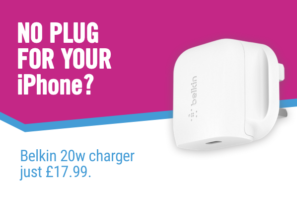No plug for your iphone? Belkin 20w charger just £17.99.