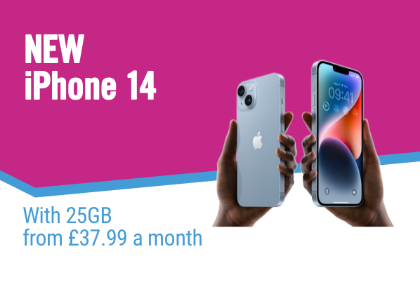 New iphone 14, With 25GB from £37.99 a month.