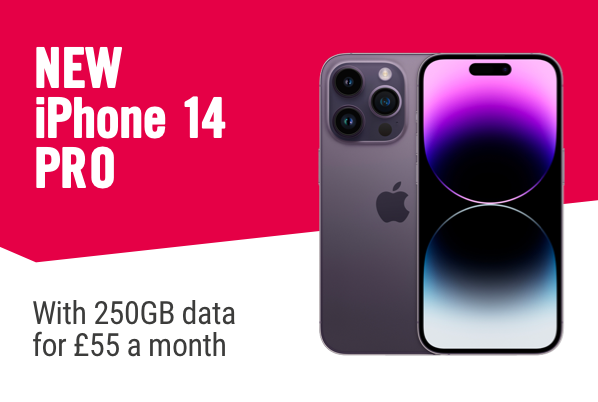 New iphone 14, With 250GB from £55 a month.