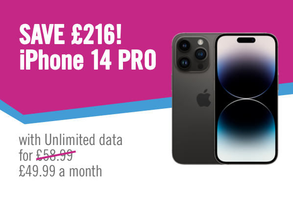 Save £216, iPhone 14 Pro, with unlimited data for £49.99 a month  