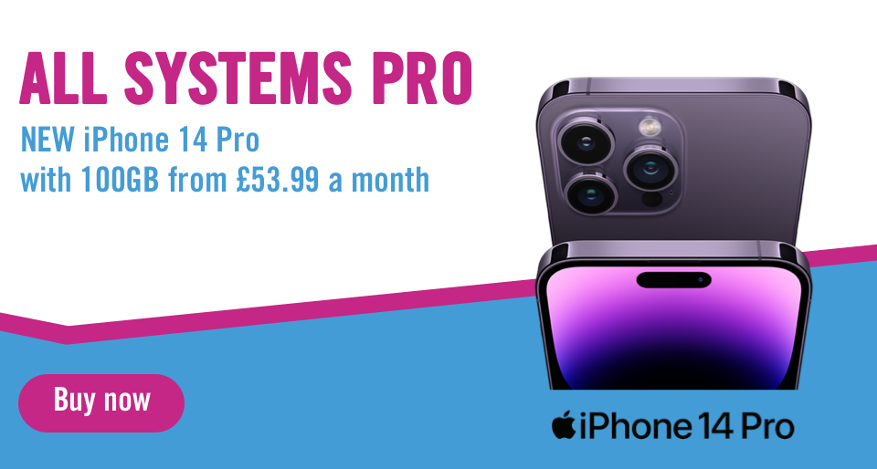 All systems pro, New iphone 14 pro with 100GB from £53.99 a month