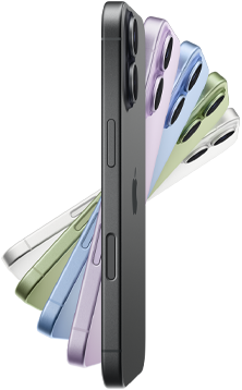 iPhone 17, exterior side, five colours: Black, Lavender, Mist Blue, Sage and White.