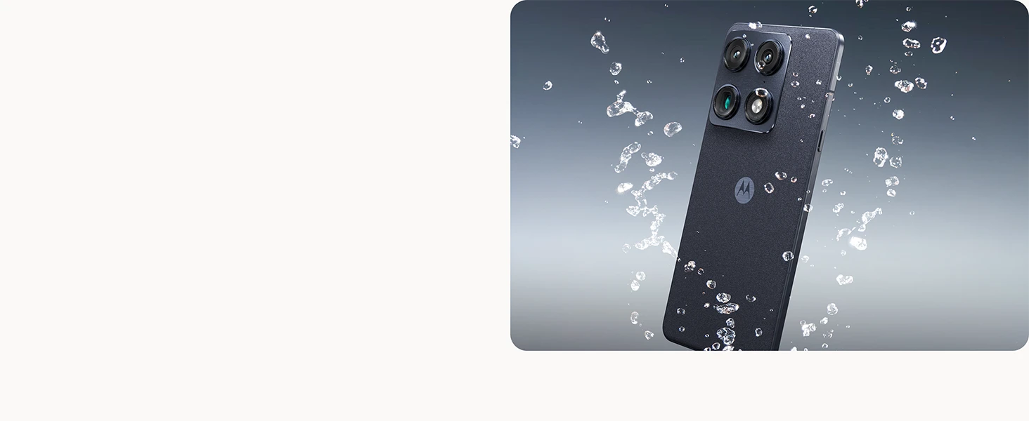A smartphone appears suspended midair as water droplets splash around it, visually highlighting its durable, water‑resistant construction.