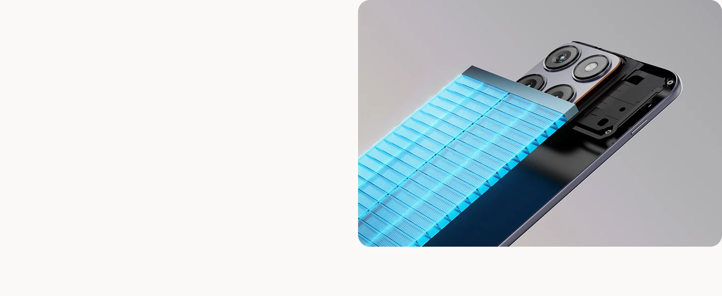 A smartphone with an exposed rear camera module shows a futuristic blue component extending from inside, highlighting advanced camera technology.	