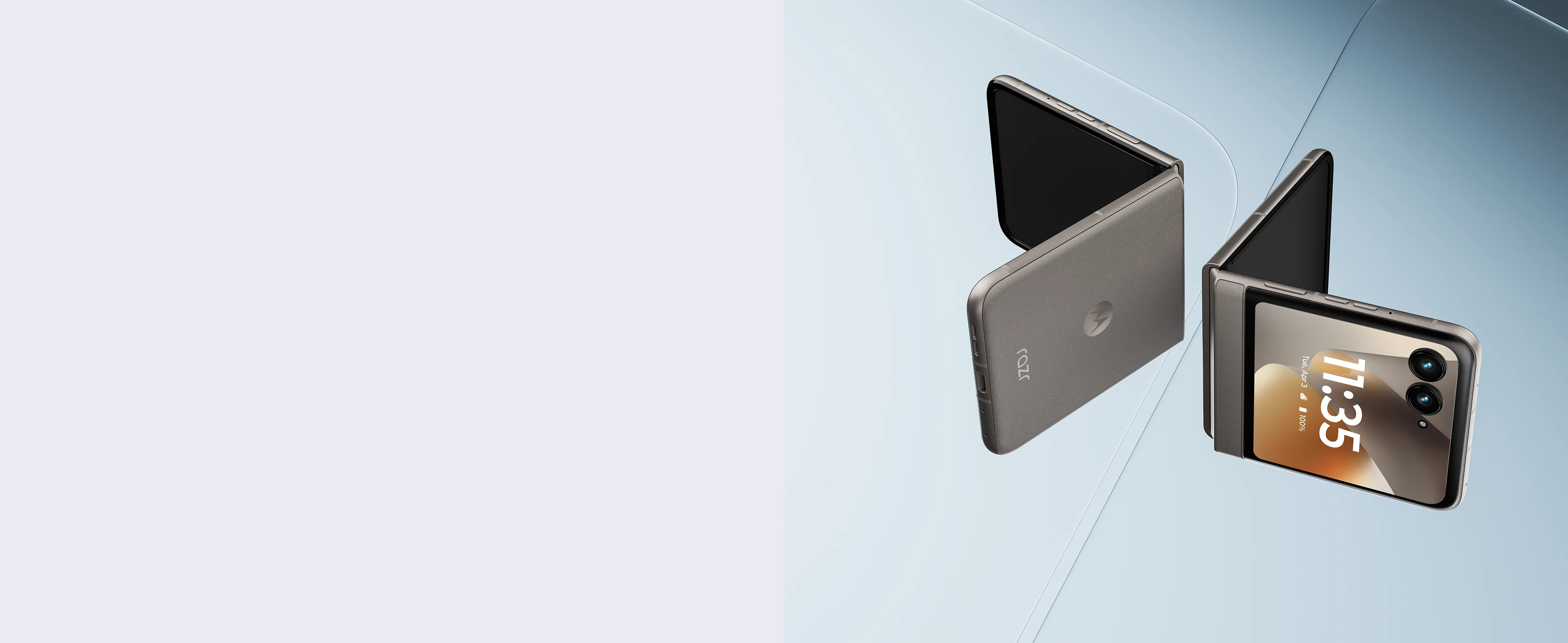 Two sleek foldable Motorola smartphones, one partially opened showing the time 11:35 on screen, and both highlighting their dual rear cameras and metallic finish.