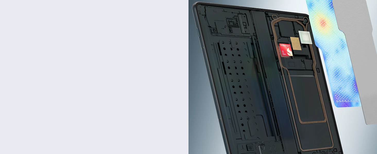 The image reveals the internal components of a smartphone, including a Snapdragon 8 Elite chip and heat dissipation components, with part of the phone's colourful outer casing visible.