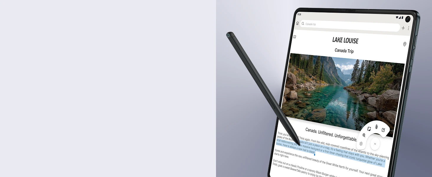 A foldable smartphone with a stylus displays a webpage about Lake Louise in Canada, showing a scenic lake photo and highlighted text about the trip.