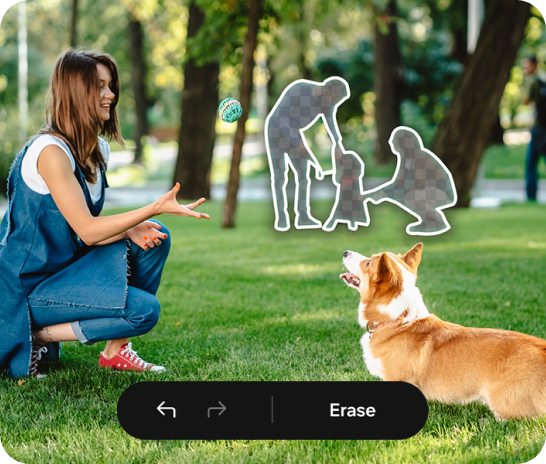image showing object eraser erasing the unwanted object from an image of a women sitting with her dog