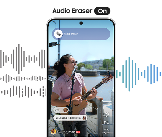 Galaxy S26 FE shows Audio eraser being used to edit a video of a person busking outdoors in noisy condition. Audio eraser ON. Audio waves are shown entering chaotically into the Audio eraser and leaving in a smoother formation to illustrate how it cleans up sound.