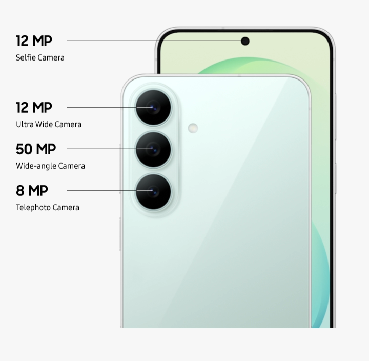 Close-up of the Triple Camera system on the back of Galaxy S26 FE in Pistachio with the Triple Camera lenses falling into place on the camera bump and a close-up of the Front Camera. Galaxy S26 FE is equipped with a 12 MP Ultra Wide Camera, 50 MP Wide-angle Camera and 8 MP Telephoto Camera on the back, and a 12 MP Selfie Camera.