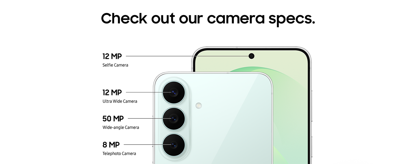 Close-up of the Triple Camera system on the back of Galaxy S26 FE in Pistachio with the Triple Camera lenses falling into place on the camera bump and a close-up of the Front Camera. Galaxy S26 FE is equipped with a 12 MP Ultra Wide Camera, 50 MP Wide-angle Camera and 8 MP Telephoto Camera on the back, and a 12 MP Selfie Camera.