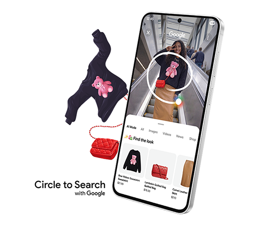 Galaxy S26 FE shown facing forward in portrait mode with a young woman onscreen and a circle drawn over two pieces from her outfit using Circle to Search with Google. The two pieces, a bag and a sweater, are shown in search results underneath and pop out of the screen.