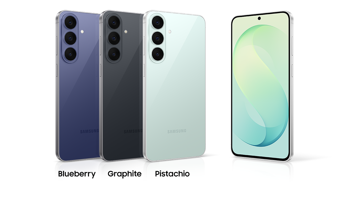 Three Samsung Galaxy S26 FE devices are arranged side by side, each slightly overlapping the one to its left. They are all upright with their backs facing forward and their left sides slightly tilted. The colours from left to right are Blueberry, Graphite, and Pistachio. Another Galaxy S26 FE device stands to the right of the three, with its screen facing forward and its right side slightly tilted.