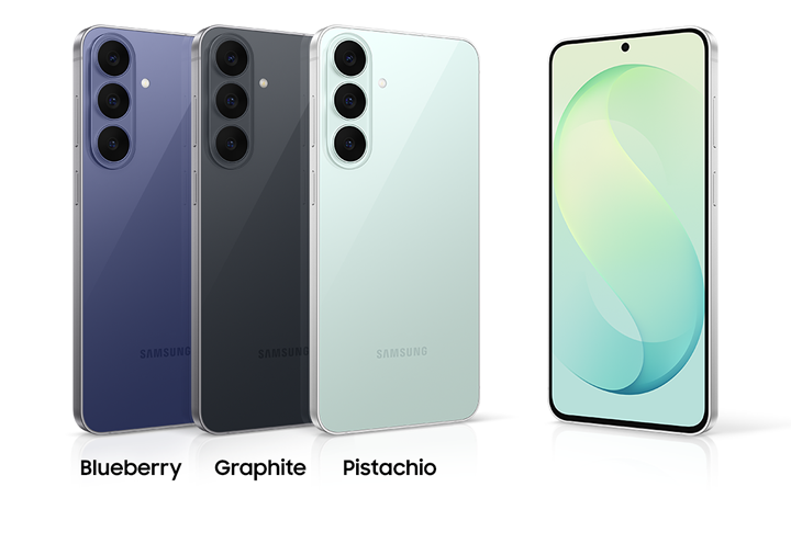 Three Samsung Galaxy S26 FE devices are arranged side by side, each slightly overlapping the one to its left. They are all upright with their backs facing forward and their left sides slightly tilted. The colours from left to right are Blueberry, Graphite, and Pistachio. Another Galaxy S26 FE device stands to the right of the three, with its screen facing forward and its right side slightly tilted.