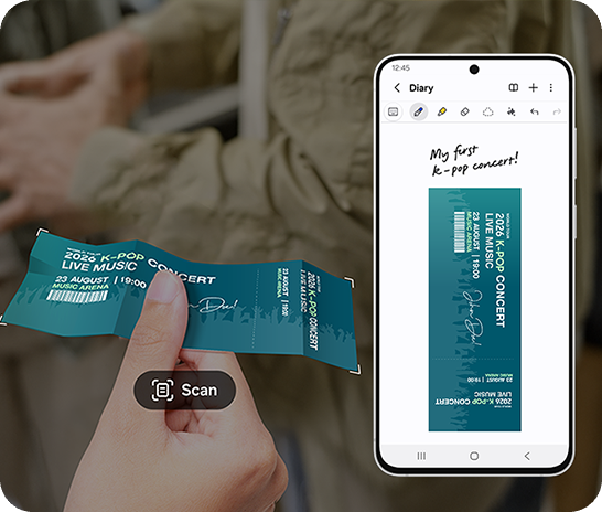 A hand holds out a crumpled ticket to a K-pop concert. The Scan button of Document Scan is shown. A Galaxy S26 FE phone shows a clean scan of the ticket on screen in Samsung Notes with the words My first K-pop concert.