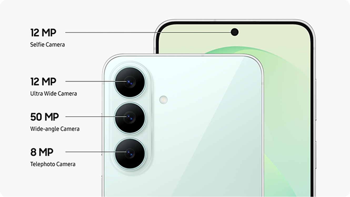 Close-up of the Triple Camera system on the back of Galaxy S26 FE in Pistachio and a close-up of the Front Camera. Galaxy S26 FE is equipped with a 12 MP Ultra Wide Camera, 50 MP Wide-angle Camera and 8 MP Telephoto Camera on the back, and a 12 MP Selfie Camera.