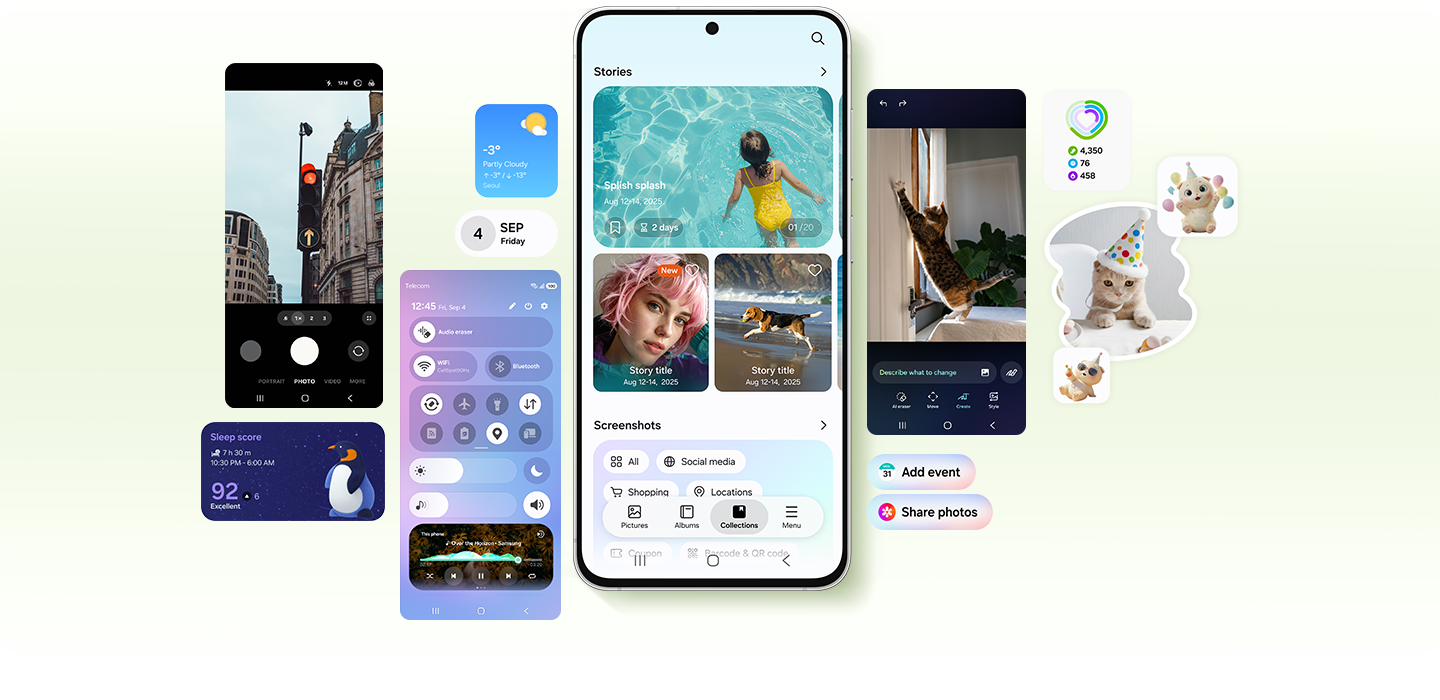 Galaxy S26 FE is seen from the main screen. Various active features that are more personalized to the user's needs and habits, flank the device. These include Creative Studio, Photo Assist and more.