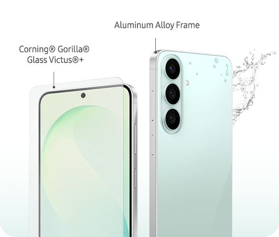 Two Galaxy S26 FE devices are shown from the front and rear, highlighting the Corning Gorilla Glass Victus+ display protection, aluminium alloy frame and durable design with water splash graphics. Galaxy S26 FE. 6.7 inch display. 193 g weight, 161.6 x 76.9 x 7.4 size. Galaxy S21 FE. 6.4 inch display. 177 g weight, 155.7 x 74.5 x 7.9 size. Galaxy A53. 6.5 inch display. 189 g weight, 159.6 x 74.8 x8.1 size.