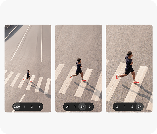 A photo of a person running across a city crosswalk, captured at 0.6x, 2x and 3x zoom to demonstrate that even when zoomed in, details remain clear and vivid.
