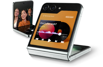 two flip5 devices with a video chat and music app overlay respectively