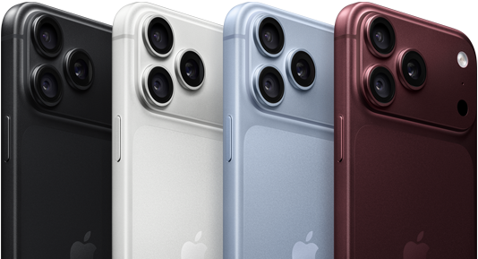 iPhone 18 Pro devices in a row, back exterior, all four colours: Burgundy, Glacier, Silver, Black, Pro Fusion camera system in top left corner, 3 lenses, microphone, flash