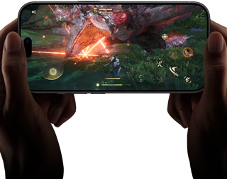 iPhone 18 Pro, front exterior, demonstrating the performance capabilities of the A20 Pro chip with a scene from Monster Hunter Outlanders