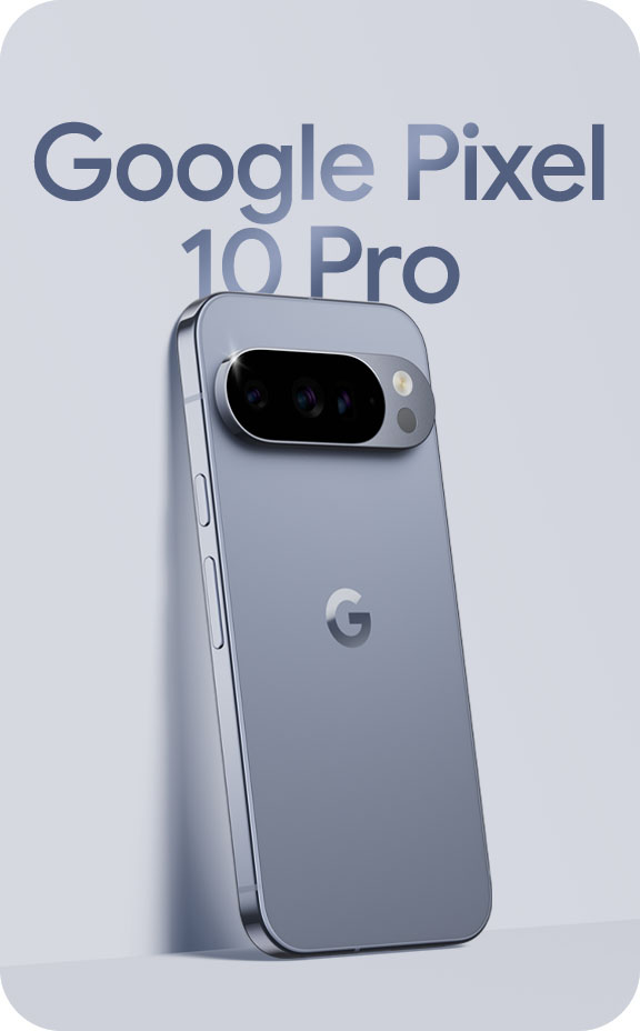 Google Pixel 10 Pro XL in Moonstone leaning against a wall