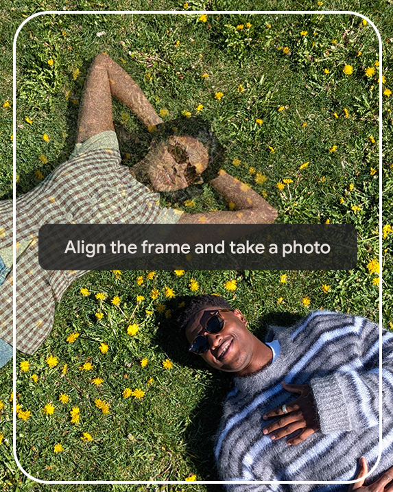 Image shows two people lying on a lawn and how Pixel's camera feature Add Me ensures that everyone is in the photo