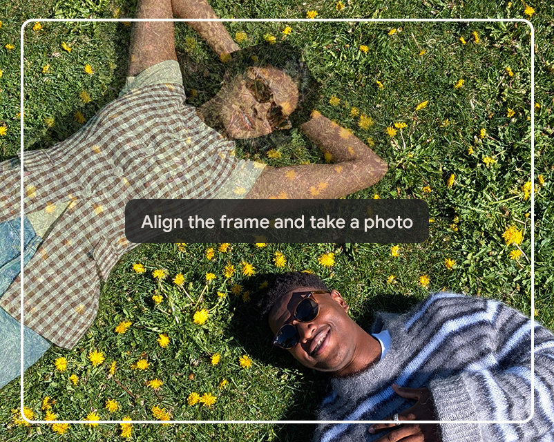 Image shows two people lying on a lawn and how Pixel's camera feature Add Me ensures that everyone is in the photo