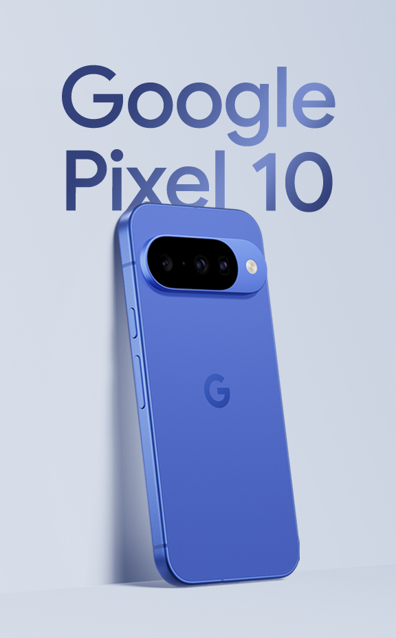Google Pixel 10 in Indigo colour leaning against a wall 