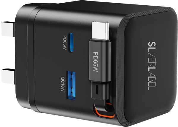 SilverLabel 65w Dual Charger with integrated USB-C Cable