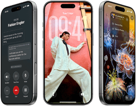 3 iPhone 17 Pro models, front exterior, side by side, demonstrating iOS 26, liquid glass effect and Apple Intelligence feature