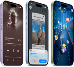 iPhone 17 devices, exterior front, exterior side, demonstrating Apple Music, Visual intelligence, gaming, buttons: Action button, volume