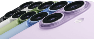 iPhone 17, exterior rear, Fusion dual-camera system, all five colours overlapping: Black, White, Sage, Mist Blue and Lavender