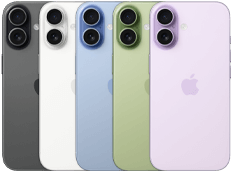 iPhone 17, exterior rear, Fusion dual-camera system, all five colours overlapping: Black, White, Sage, Mist Blue and Lavender