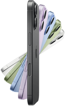 iPhone 17, exterior side, five colours: Black, Lavender, Mist Blue, Sage and White.