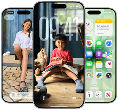 iPhone 17, exterior front, Dynamic Island centred near top, three colours: Mist Blue, Lavender, Sage
